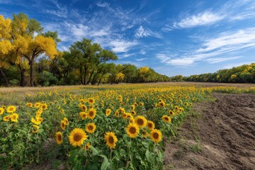 Vast field of vibrant yellow sunflowers under a bright blue sky with wispy clouds and autumn trees
