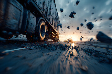 Dramatic collision between large semi truck and car on highway