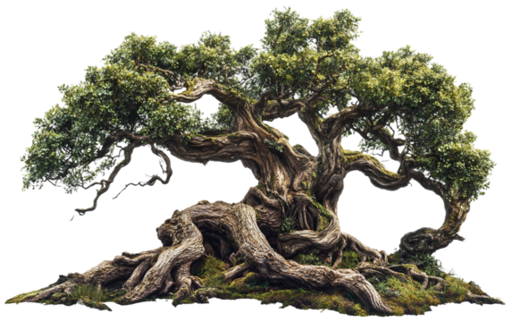 Towering oak tree featuring massive roots spreading outward and a robust trunk shaped by centuries isolated on transparent background PNG