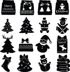 Diverse Christmas Holiday Silhouettes: Festive Trees, Snowmen, Santa, Presents, and Greeting Designs for Seasonal Projects.