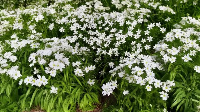 Abundance of small white flowers with yellow centers blooming in a lush field of green foliage creating a delicate natural floral pattern