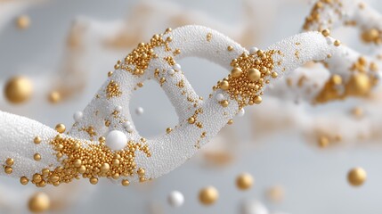 Abstract DNA strand rendered in gold and white spheres. Luxurious and elegant.