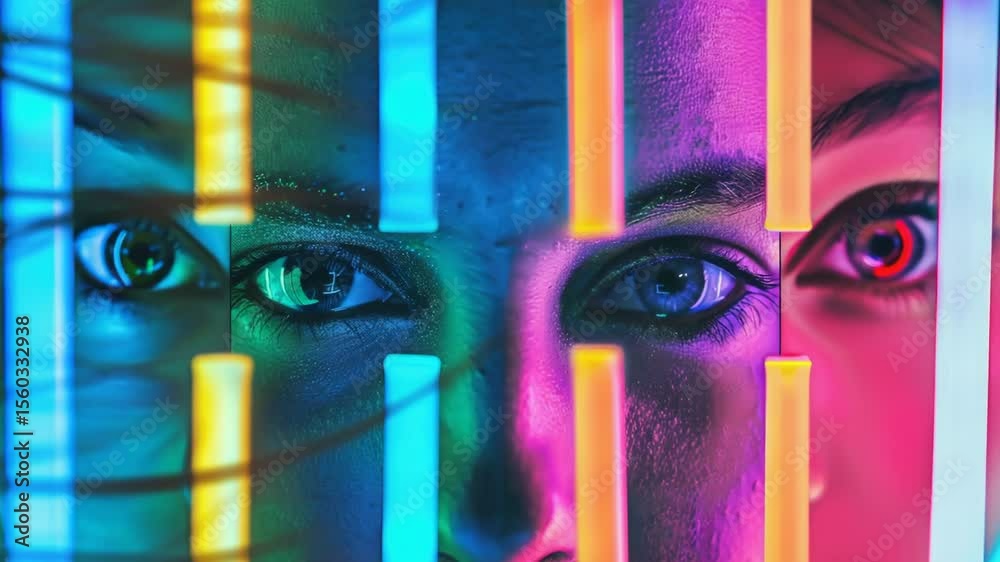 Poster a close-up shot of a person's face with neon lights in the background, perfect for use in futuristic