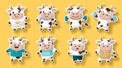 Obraz premium Adorable cartoon cows in various outfits and activities.