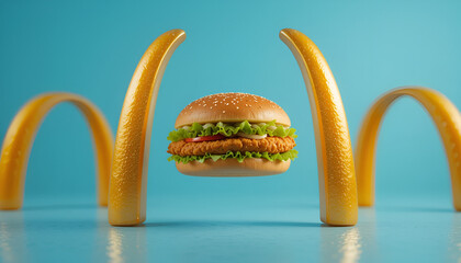 Delicious chicken burger floats appetizingly between golden arches against a vibrant blue background, tempting viewers with its fresh ingredients and classic fast food appeal.