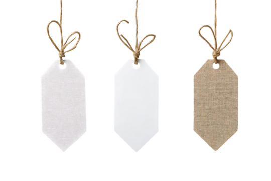 Three hanging price tags, two white and one beige, with string isolated on white or transparent png