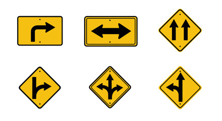 Collection of Yellow Road and Traffic Warning Sign. A set of yellow road and traffic warning signs including turns, two-way arrows, and bumpy road. Essential for navigation and safety. © Fendi