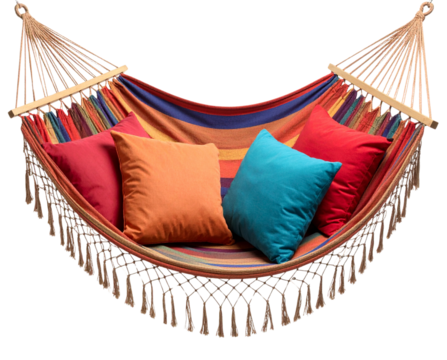  Striped Hammock with Colorful Pillows in Bohemian Style, isolated PNG on White