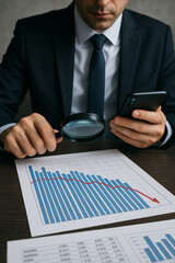 Businessman analyzing financial crisis chart with magnifying glass