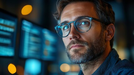 A man wearing glasses is looking at a computer screen
