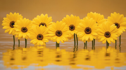 Naklejka premium Vibrant row of yellow daisies with dark centers reflected beautifully on calm water, creating warm and cheerful scene