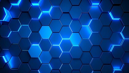 Futuristic Glowing Blue Hexagonal Grid Background with Broken Surface and Neon Light