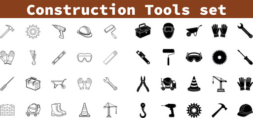 Collection of diverse construction tools and safety equipment depicted in a clean silhouette and liner art style isolated on transparent background, labor day elements