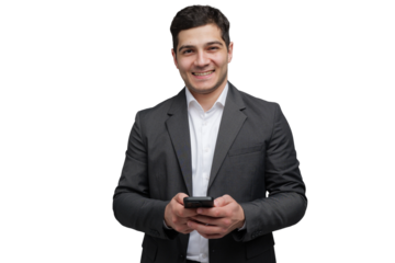 Smiling businessman engages with smartphone, showcasing professional attire and a confident demeanor transparent background