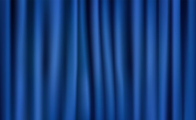 Rich blue fabric with vertical smooth and shiny folds, deep, saturated blue tone, depth and richness, theatrical curtain or decorative backdrop.