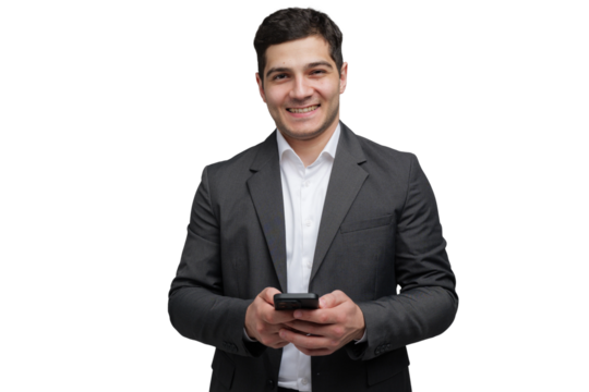Smiling businessman engages with smartphone, showcasing professional attire and a confident demeanor transparent background