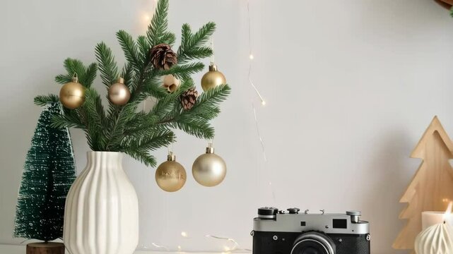 Festive holiday arrangement with evergreen branches, gold ornaments, gift, camera and lit candle on white surface.