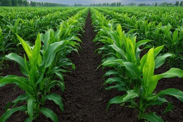 Vibrant rows of young green corn plants stretch towards the horizon under a cloudy sky on a farm