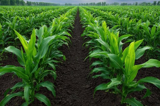 Vibrant rows of young green corn plants stretch towards the horizon under a cloudy sky on a farm