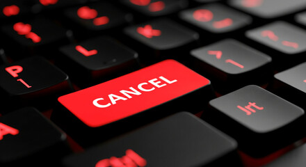 Close-up of red "CANCEL" key on black keyboard, highlighting digital action and decision-making process
