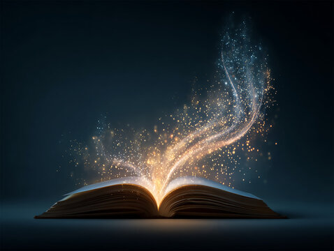 Open book with glowing light emerging, concept of learning and knowledge, dark background. Generative Ai.