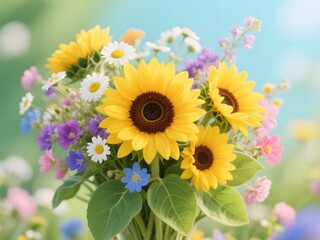 Obraz premium Bright Sunflower Bouquet with Wildflowers on Soft Background