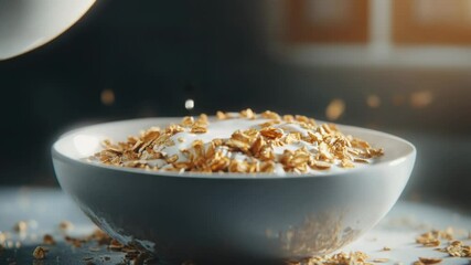A bowl of cereal being poured with milk - Powered by Adobe