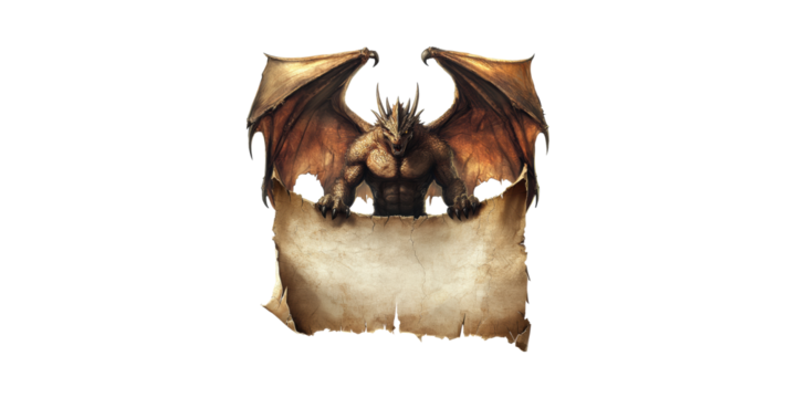 Dragon Holding Blank Scroll. Fantasy Creature With Ancient Parchment For Custom Text Isolated On Transparent Background