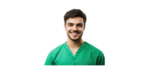 Smiling Male Healthcare Professional In Green Scrubs. Medical Expertise And Patient Care Isolated On Transparent Background