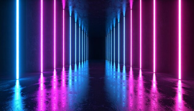 Futuristic Neon Vertical Lights on Wet Reflective Floor, Cyberpunk Background