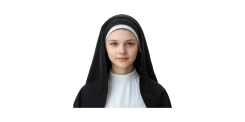 Young Nun In Traditional Habit. Religious Devotion And Spiritual Commitment Isolated On Transparent Background