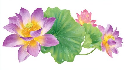 Watercolor illustration of beautiful lotus flowers serene pond artistic artwork natural environment detailed viewpoint
