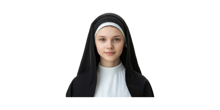 Young Nun In Traditional Habit. Religious Devotion And Spiritual Commitment Isolated On Transparent Background - Powered by Adobe