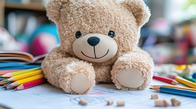 Cute teddy bear with colorful crayons on a desk
