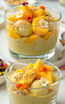 Festive mango and cream parfait with flowers