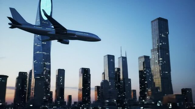 An abstract representation of a contemporary city featuring a massive spiral-shaped skyscraper topped with a vibrant oval roof. Design. Cutting-edge architecture with an aircraft soaring over