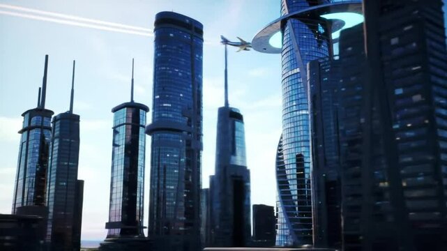 Abstract layout of a modern city with a huge spiral shaped skyscraper with a bright oval roof. Design. Futuristic architecture with a plane flying above buildings