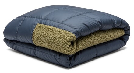 Folded, dark blue quilted blanket with tan sherpa trim
