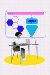 Sketch image 3d pop banner collage of happy schoolgirl surf laptop sit desk artificial intelligence robot tab cyber technology