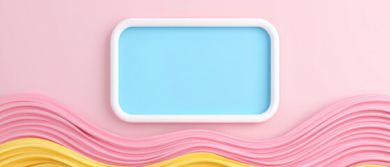 Fototapeta premium Bright blue rectangular frame soft pink background with flowing pink and yellow wave shapes creating cheerful abstract design