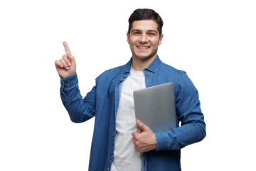 Young man smiling with a laptop in hand, showcasing an idea in a bright, transparent background