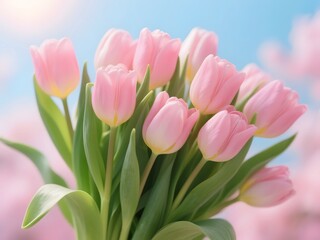 Fototapeta premium Pink Tulips Bouquet on Sparkling Glitter Background