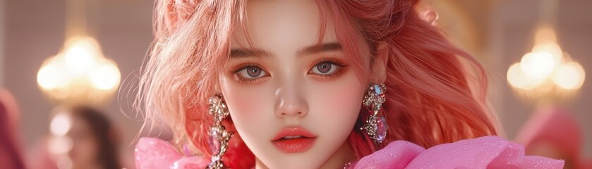 Captivating Portrait of a Young Woman with Pink Hair and Glamorous Style in a Luxurious Set with Decorative Lights