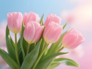 Fototapeta premium Pink Tulips Bouquet on Sparkling Glitter Background