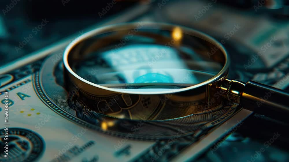 Aufkleber a close-up view of a magnifying glass resting on a stack of cash