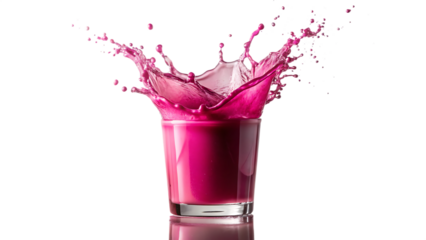 Vibrant pink liquid splashing out of a clear glass with droplets against a black background isolated on a transparent background