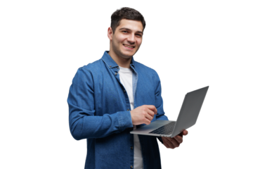 Smiling young man working on a laptop, showcasing creativity and enthusiasm in a clean, transparent background