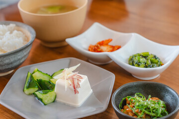 Japanese Traditional Breakfast with Tofu, Natto and Rice / 冷奴と納豆の和朝食
