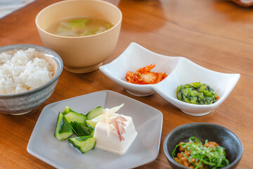 Japanese Traditional Breakfast with Tofu, Natto and Rice / 冷奴と納豆の和朝食
