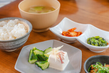 Japanese Traditional Breakfast with Tofu, Natto and Rice / 冷奴と納豆の和朝食
